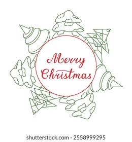 Vector postcard with Christmas trees. Christmas font for banners, postcards and packaging. Simple template for winter holidays. Image of different Christmas trees and text in doodle style.