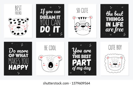 Vector postcard collection with cute doodle animals and motivation lettering phrase. Perfect for poster, birthday, baby book, children room, anniversary, baby shower