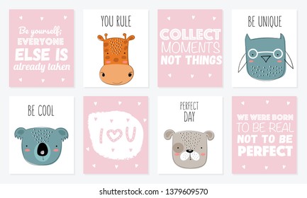Vector postcard collection with cute doodle animals and motivation lettering phrase. Perfect for poster, birthday, baby book, children room, anniversary, baby shower