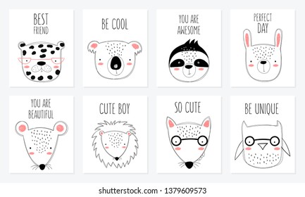 Vector postcard collection with cute doodle animals and motivation lettering phrase. Perfect for poster, birthday, baby book, children room, anniversary, baby shower