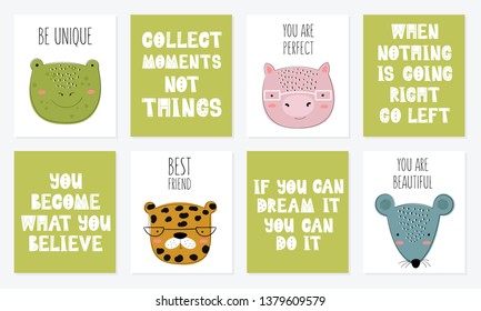 Vector postcard collection with cute doodle animals and motivation lettering phrase. Perfect for poster, birthday, baby book, children room, anniversary, baby shower