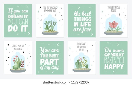 Vector postcard collection with cute house plants under glass. Gardening under the dome. Valentine's day, anniversary, save the date, baby shower, birthday
