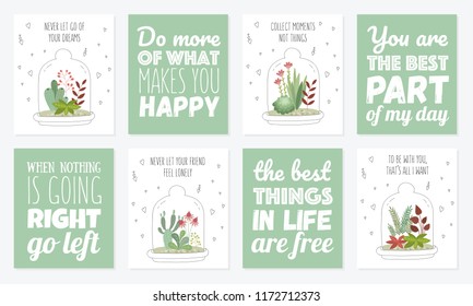 Vector postcard collection with cute house plants under glass. Gardening under the dome. Valentine's day, anniversary, save the date, baby shower, birthday