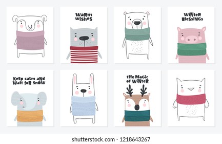 Vector postcard collection with cute winter animals in cozy clothes. Doodle illustration. Winter holidays, baby shower, birthday, children's party
