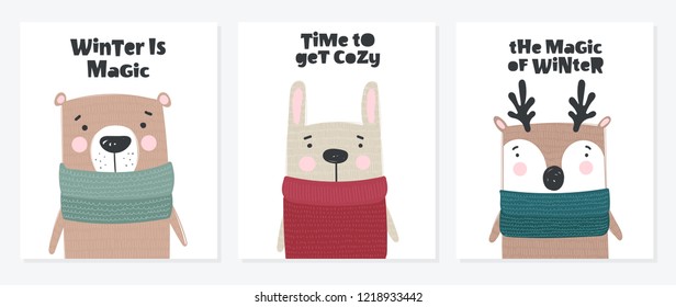 Vector postcard collection with cute winter animals in cozy clothes. Doodle illustration. Winter holidays, baby shower, birthday, children's party