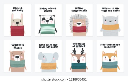 Vector postcard collection with cute winter animals in cozy clothes. Doodle illustration. Winter holidays, baby shower, birthday, children's party
