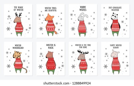 Vector postcard collection with cute winter animals in cozy sweater. Doodle illustration. Winter holidays, baby shower, birthday, children's party, Valentine’s 