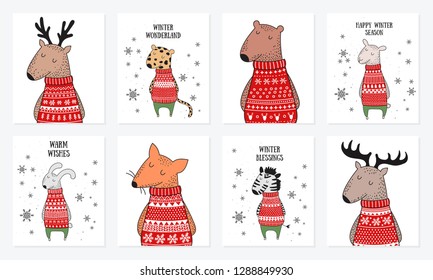 Vector postcard collection with cute winter animals in cozy sweater. Doodle illustration. Winter holidays, baby shower, birthday, children's party, Valentine’s 
