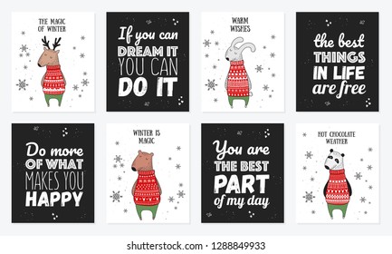 Vector postcard collection with cute winter animals in cozy sweater. Doodle illustration. Winter holidays, baby shower, birthday, children's party, Valentine’s 