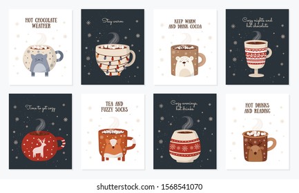 Vector postcard collection with hot drink in a cute mug and cozy slogan in flat design. Hot chocolate, coffee, cocoa with marshmallow. Autumn and winter holidays set. Christmas, New Year.
