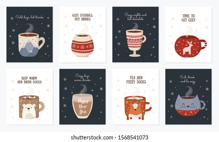 Vector postcard collection with hot drink in a cute mug and cozy slogan in flat design. Hot chocolate, coffee, cocoa with marshmallow. Autumn and winter holidays set. Christmas, New Year.