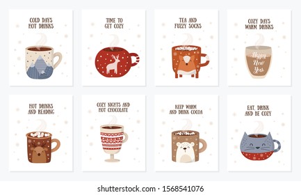 Vector postcard collection with hot drink in a cute mug and cozy slogan in flat design. Hot chocolate, coffee, cocoa with marshmallow. Autumn and winter holidays set. Christmas, New Year.