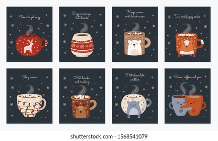 Vector postcard collection with hot drink in a cute mug and cozy slogan in flat design. Hot chocolate, coffee, cocoa with marshmallow. Autumn and winter holidays set. Christmas, New Year.