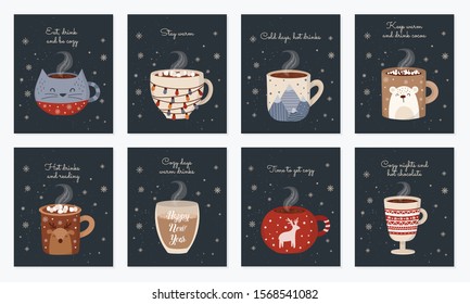 Vector postcard collection with hot drink in a cute mug and cozy slogan in flat design. Hot chocolate, coffee, cocoa with marshmallow. Autumn and winter holidays set. Christmas, New Year.