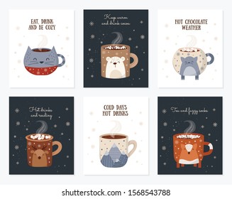 Vector postcard collection with hot drink in a cute mug and cozy slogan in flat design. Hot chocolate, coffee, cocoa with marshmallow. Autumn and winter holidays set. Christmas, New Year.