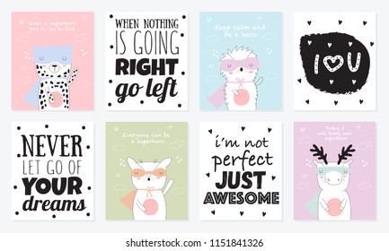 Vector postcard collection with superhero animals and cool slogan. Doodle illustration. Friendship day, Valentine's, anniversary, birthday, children's or teenager party