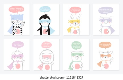 Vector postcard collection with superhero animals and cool slogan. Doodle illustration. Friendship day, Valentine's, anniversary, birthday, children's or teenager party