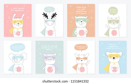 Vector postcard collection with superhero animals and cool slogan. Doodle illustration. Friendship day, Valentine's, anniversary, birthday, children's or teenager party