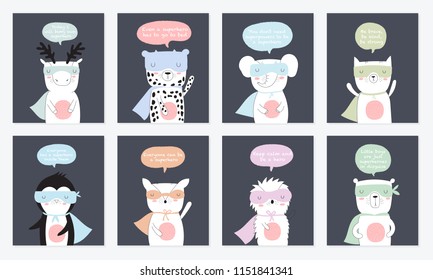 Vector postcard collection with superhero animals and cool slogan. Doodle illustration. Friendship day, Valentine's, anniversary, birthday, children's or teenager party
