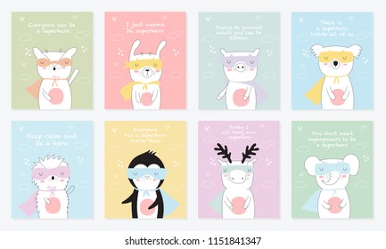 Vector postcard collection with superhero animals and cool slogan. Doodle illustration. Friendship day, Valentine's, anniversary, birthday, children's or teenager party