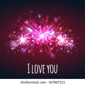Vector postcard with colorful bright fireworks of hearts for your creativity