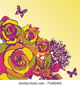 vector postcard consist of flowers on yellow background. Vector illustration