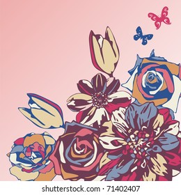 vector postcard consist of flowers on pink background. Vector illustration