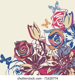 vector postcard consist of flowers on yellow background. Vector illustration
