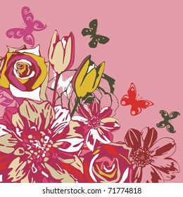 vector postcard consist of flowers on pink background. Vector illustration