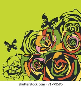 vector postcard consist of flowers on green background. Vector illustration