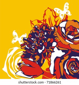 vector postcard consist of flowers on orange background. Vector illustration