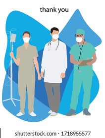 Vector postcard coronavirus covid-19. Doctors and a nurse with a dropper in protective face masks. Thank you to the doctors and nurses.