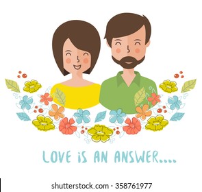 Vector postcard of couple in love. Floral frame. Saint Velentine's postcard