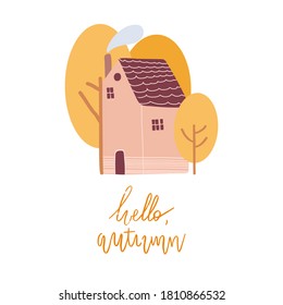 Vector postcard. Cute autumn little house in the yellow trees.