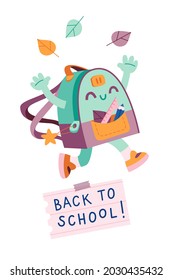 Vector postcard with cute backpack character and back to school lettering. 1 September and back to school theme. Backpack, stationery, ruler, pencil, autumn leaves.