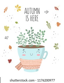 Vector postcard with cute house plant in flower pot with scarf. Valentine's day, anniversary, autumn fest, Thanksgiving, baby shower, birthday
