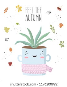 Vector postcard with cute house plant in flower pot with scarf. Valentine's day, anniversary, autumn fest, Thanksgiving, baby shower, birthday