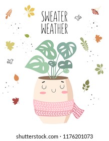 Vector postcard with cute house plant in flower pot with scarf. Valentine's day, anniversary, autumn fest, Thanksgiving, baby shower, birthday