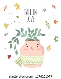 Vector postcard with cute house plant in flower pot with scarf. Valentine's day, anniversary, autumn fest, Thanksgiving, baby shower, birthday
