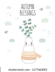Vector postcard with cute house plant in flower pot with scarf. Valentine's day, anniversary, autumn fest, Thanksgiving, baby shower, birthday