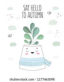 Vector postcard with cute house plant in flower pot with scarf. Valentine's day, anniversary, autumn fest, Thanksgiving, baby shower, birthday