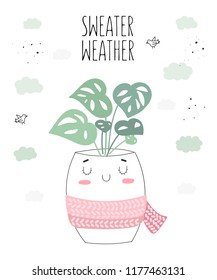Vector postcard with cute house plant in flower pot with scarf. Valentine's day, anniversary, autumn fest, Thanksgiving, baby shower, birthday