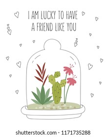 Vector postcard with cute house plants under glass. Gardening under the dome. Valentine's day, anniversary, save the date, baby shower, birthday