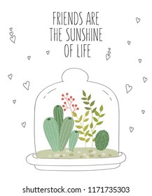 Vector postcard with cute house plants under glass. Gardening under the dome. Valentine's day, anniversary, save the date, baby shower, birthday