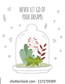 Vector postcard with cute house plants under glass. Gardening under the dome. Valentine's day, anniversary, save the date, baby shower, birthday
