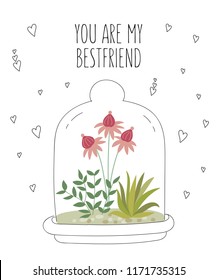 Vector postcard with cute house plants under glass. Gardening under the dome. Valentine's day, anniversary, save the date, baby shower, birthday