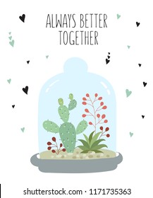 Vector postcard with cute house plants under glass. Gardening under the dome. Valentine's day, anniversary, save the date, baby shower, birthday