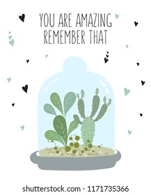 Vector postcard with cute house plants under glass. Gardening under the dome. Valentine's day, anniversary, save the date, baby shower, birthday