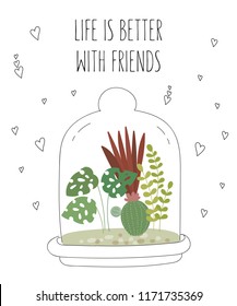 Vector postcard with cute house plants under glass. Gardening under the dome. Valentine's day, anniversary, save the date, baby shower, birthday
