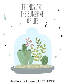 Vector postcard with cute house plants under glass. Gardening under the dome. Valentine's day, anniversary, save the date, baby shower, birthday